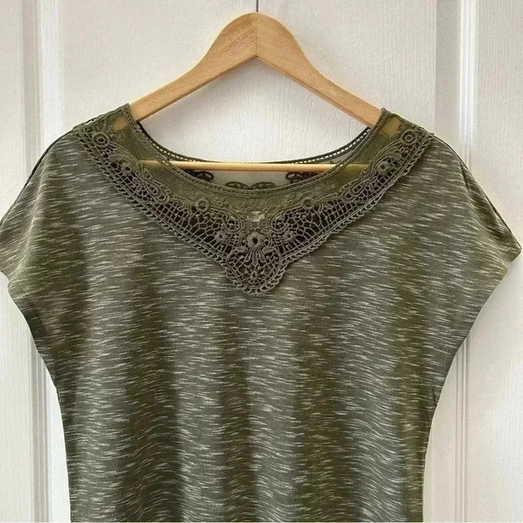 Ricki’s Cap Sleeve T-Shirt Crochet Trim Top Khaki Green Space Dye Small - Picture 6 of 14